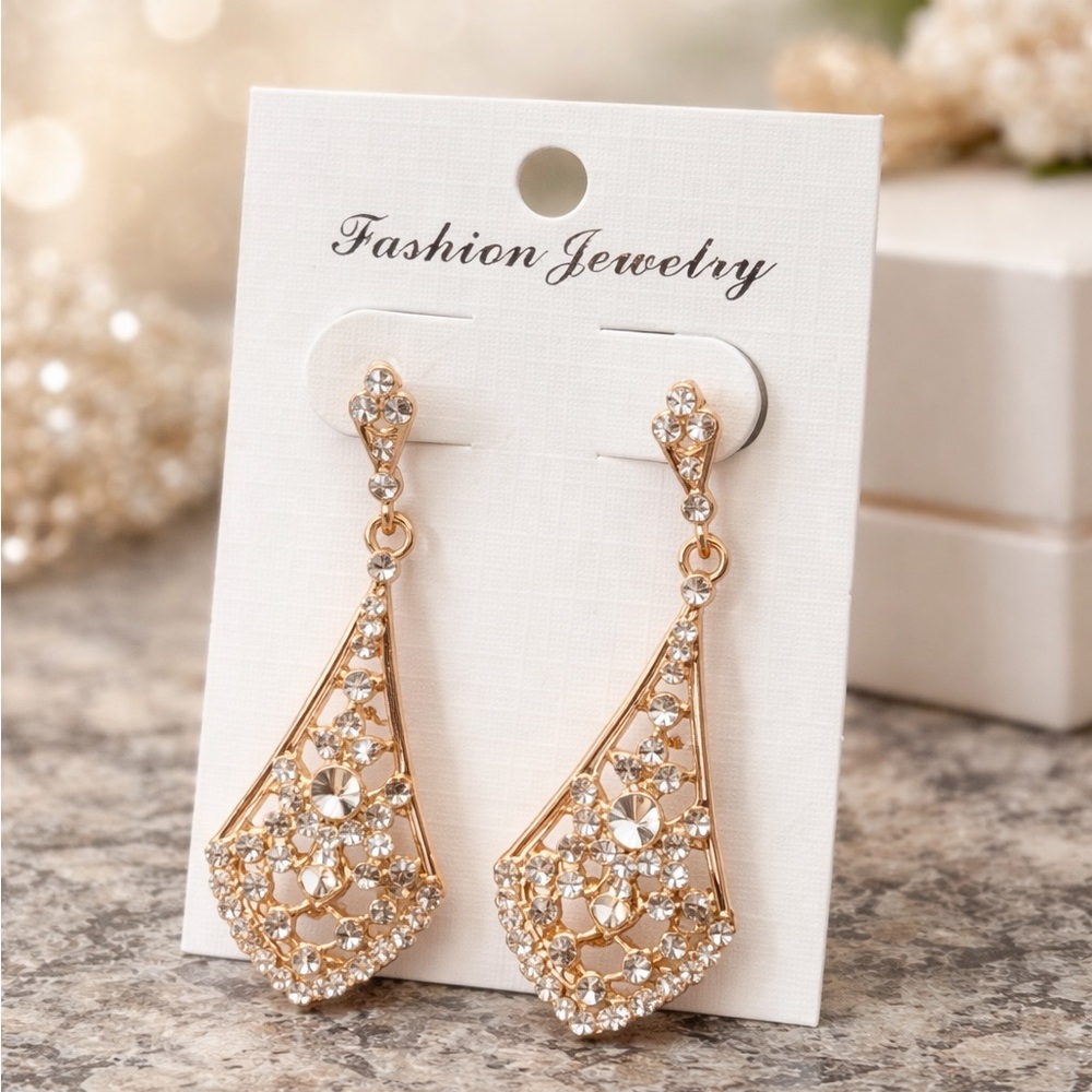 🛑 6/$25 Fashion Jewelry Gold Crystal Filigree Drop Earrings